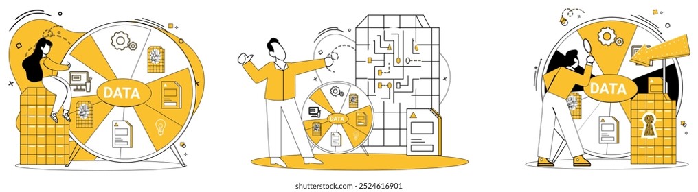 Work with data vector illustration. Analyzing statistics is artisans touch in world financial data Reports echo wisdom distilled from vast sea data through analytics Progress is symphony orchestrated