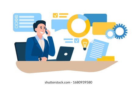 Work Day concept with businessman at his desk using a mobile phone and laptop surrounded by business associated icons, colored vector illustration