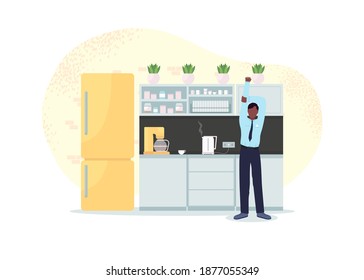 Work Day Dinner Break 2D Vector Web Banner, Poster. Worker Wait For Coffee. Employee Stretching Arm Flat Character On Cartoon Background. Workout In Office Printable Patch, Colorful Web Element
