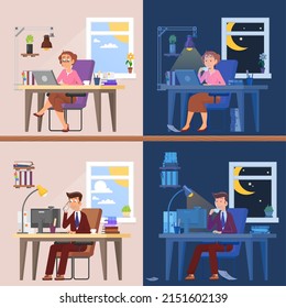 Trabajo de día y de noche. Cansado y exhausto hombre y mujer. Tarde en trabajar con la computadora, tiempo límite. Personas ocupadas, trabajadores decentes personajes vectores