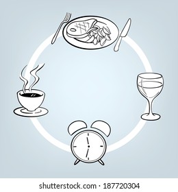 Work day routine symbols, isolated vector illustration of alarm clock, coffee cup, plate with food and glass of wine in circle representing moments in a day