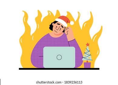 Work deadline before winter new year holidays. Sad girl with laptop and christmas tree having burnout vector illustration.