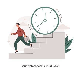 Concepto de plazo de trabajo. El hombre corre escaleras abajo contra el fondo del reloj, metáfora de la gestión del tiempo, empleado responsable o empresario, metáfora de la cuenta regresiva. Dibujo vectorial plano de dibujos animados
