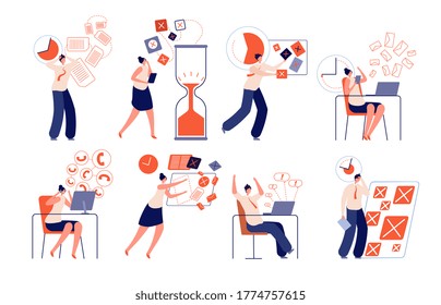 Work deadline. Fail corporate planning, working stress businessman. Inefficient office time management, pressure or workers panic vector set