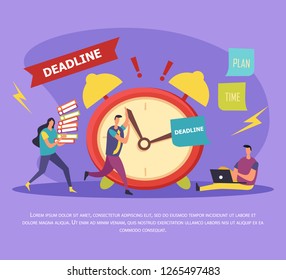 Work in deadline flat composition with stressed human characters near alarm clock on lilac background vector illustration