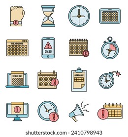 Work deadline icons set. Outline set of work deadline vector icons thin line color flat on white