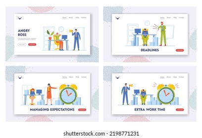 Work Deadline Landing Page Template Set. Angry Boss Yell in Loudspeaker and Showing Time with Business Characters in Office Workplace. Anxious People with Documents. Cartoon Vector Illustration