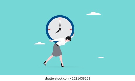 work deadline, time or deadline management, businesswoman carrying a big clock with all her might vector illustration