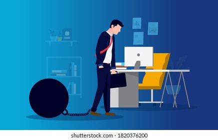 Work Depression - Man Having A Hard Time Arriving At Work, Entering Darkness With Chain On Foot. Burnout, Depressed And Lack Of Enthusiasm Concept. Vector Illustration.