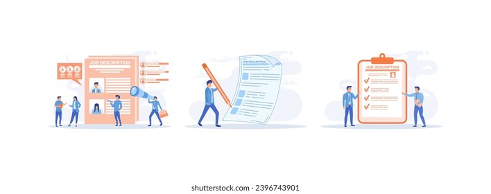 Arbeitsbeschreibungen, Beschreibung des Stellenangebots durch Mitarbeiter des Unternehmens, Pflichten und Verantwortlichkeiten für die Arbeit. Arbeitsbeschreibungen setzen flache Vektorgrafik, moderne Illustration   