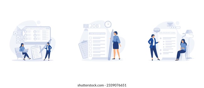 Work Descriptions Concept, Recruitment Headhunting, Company employee writing job, duties and responsibilities for work, set flat vector modern illustration