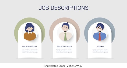 Concepto de descripciones de trabajo. Pequeños Personajes De Empleador. Ilustración vectorial de Personas de dibujos animados