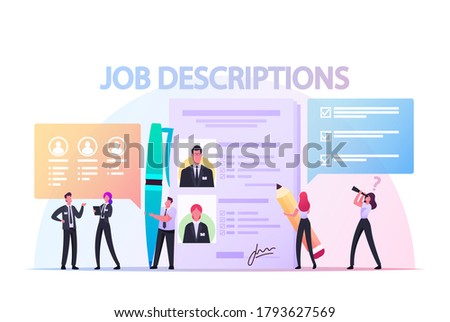Work Descriptions Concept. Tiny Employer Characters Reading Personnel Resume, Applicants Searching Job Learning Offers in Internet Resource. Recruitment Headhunting. Cartoon People Vector Illustration