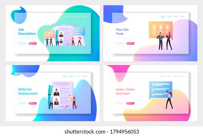 Work Descriptions Landing Page Template Set. Tiny Employer Characters Read Personnel Resume, Applicants Searching Job in Internet Resource. Recruitment Headhunting. Cartoon People Vector Illustration