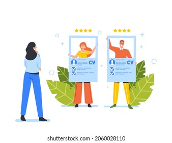 Work Descriptions, Recruitment Headhunting Concept. Employer Character Reading Personnel Resume, Applicants Searching Job, Seekers with Cv, Human Resource Research. Cartoon People Vector Illustration