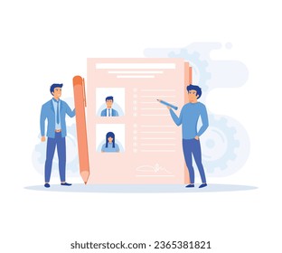 Work Descriptions, Recruitment Headhunting Concept. Employer Characters Reading Personnel Resume,  flat vector modern illustration