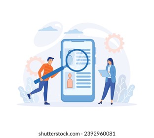 Work Descriptions, Recruitment Headhunting Concept. Tiny Employer Characters Reading Personnel Resume. flat vector modern illustration