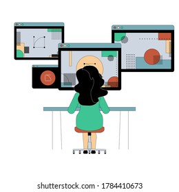 Work design concept. The woman designer sits back and works on her devices. Vector illustration isolated on white background. 