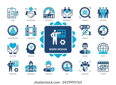 Symbol für Arbeitsdesign festlegen. Planung, Personal, Forschung, Organisation, Arbeitssicherheit, Koordinierung, Produktivität, Psychologie. Duotone-Farbsymbole