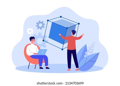 Work of designers with virtual simulation of 3d cube. Man sitting at laptop while configuration selecting flat vector illustration. Innovation concept for banner, website design or landing web page