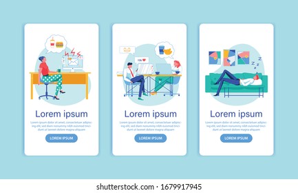 Work Desire Lack Onboarding Screen Flat Templates. Dreaming, Sleep, Focus Inability. Lazy Office Workers Faceless Characters. Work Refusal and Idleness Mobile App Interface Cartoon Vector Layouts