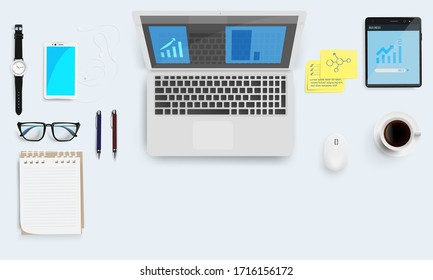 Work desk accessories top view on blue background. Vector illustration.