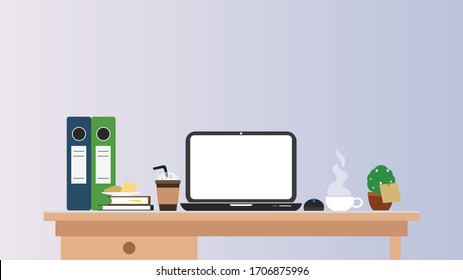 escritorio con todo el equipamiento, laptops, libros, café, carpetas y otros. diseño plano. ilustración vectorial