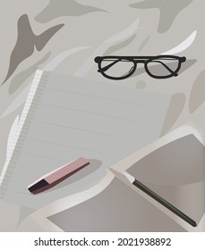 
work desk with book and notebook. for registration of magazines, posts, advertisements and much more