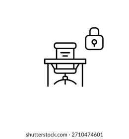 Work desk, chair and lock. Secure business, private employee information. Pixel perfect, editable stroke vector icon