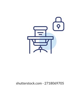 Escritorio de trabajo, silla y cerradura. Negocio seguro, información privada de los empleados. Icono de Vector de trazo perfecto y editable