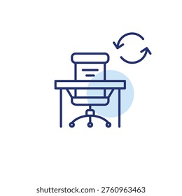 Work desk with chair and renew arrows. Office renewal, productivity cycle. Hiring new staff. Pixel perfect, editable stroke vector icon