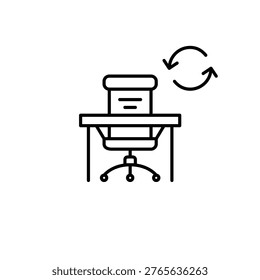 Work desk with chair and renew arrows. Office renewal, productivity cycle. Hiring new staff. Pixel perfect, editable stroke vector icon