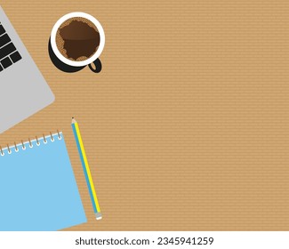 Work desk with coffee, notepad, pencil, laptop. Desktop for the office. Desktop vector for your design.