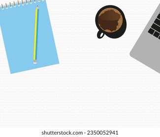 Work desk with coffee, notepad, pencil, laptop. Desktop for the office. Desktop vector for your design.