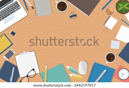 Work Desk Computer Book Pen on the Table with Copy Space in the Middle