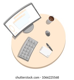 Work desk with computer, coffee mug, pen, notepad. Office table. Vector illustration. Flat.