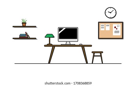 Work desk with a computer, keyboard, mouse and lamp