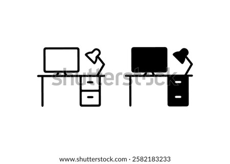 Work Desk with Computer and Lamp Icon Vector