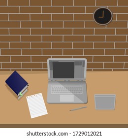 Work desk and computer, note book, laptop, book, note paper, pen, mouse pad, table top. wall clock. 