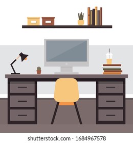 Work desk with computer and office supplies. Vector illustration