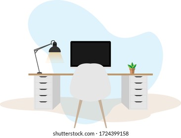 Work desk with computers and lamp on white backgrounds ,work from home  vector illustrations EPS 10