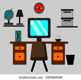 The work desk consists of a computer, a chair, a file, a coffee cup, a lamp, a drawer, a globe, a watch on a gray background.