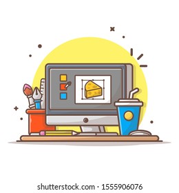 Work Desk Designer Vector Icon Illustration. Monitor And Stationary, Coffee, Technology Icon Concept White Isolated. Flat Cartoon Style Suitable for Web Landing Page, Banner, Sticker, Background