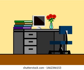 
Work desk with desktop computer, document file and flower vase.