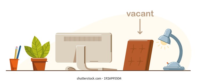 Work desk flat illustration isolated over white, office or home working place vector modern illustration, empty chair nobody vacant job concept, comfortable space for work.