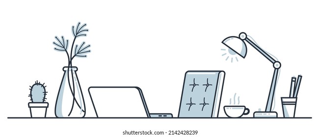 Work desk flat illustration isolated over white, office or home working place vector modern illustration, empty chair nobody vacant job concept, comfortable space for work.