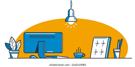Work desk flat illustration isolated over white, office or home working place vector modern illustration, empty chair nobody vacant job concept, comfortable space for work.