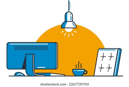 Work desk flat illustration isolated over white, office or home working place vector modern illustration, empty chair nobody vacant job concept, comfortable space for work.