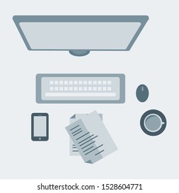 Work desk flat illustration. Table desk top view with laptop, smartphone, coffee and book design vector