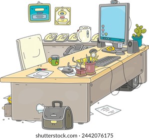 Mesa de trabajo de un funcionario del gobierno con un monitor de computadora, una cámara web, teléfonos especiales y otras cosas en desorden para el trabajo de papel de un funcionario, ilustración de dibujos animados vectoriales sobre un fondo blanco